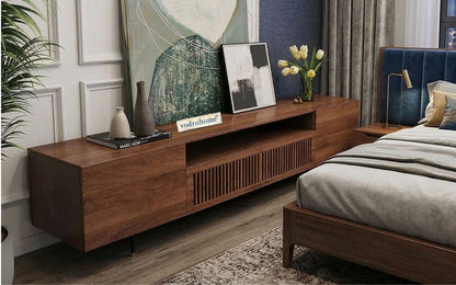 vodrohome modern tv unit cabinet with 7 compartments – solid acacia wood tvc in walnut finish – tv consol table with set up box shelf  TV#007