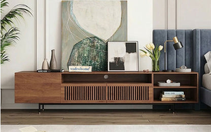 vodrohome modern tv unit cabinet with 7 compartments – solid acacia wood tvc in walnut finish – tv consol table with set up box shelf  TV#007