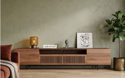 vodrohome modern tv unit cabinet with 7 compartments – solid acacia wood tvc in walnut finish – tv consol table with set up box shelf  TV#007
