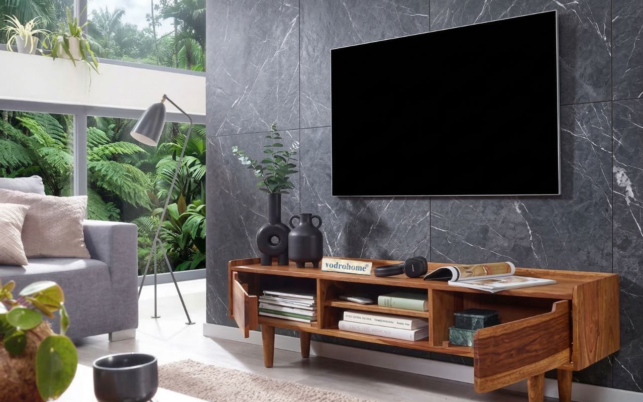 vodrohome Honey tv unit cabinet with cupboard – solid sheesham wood tvc – tv consol table with set up box shelf  TV#015