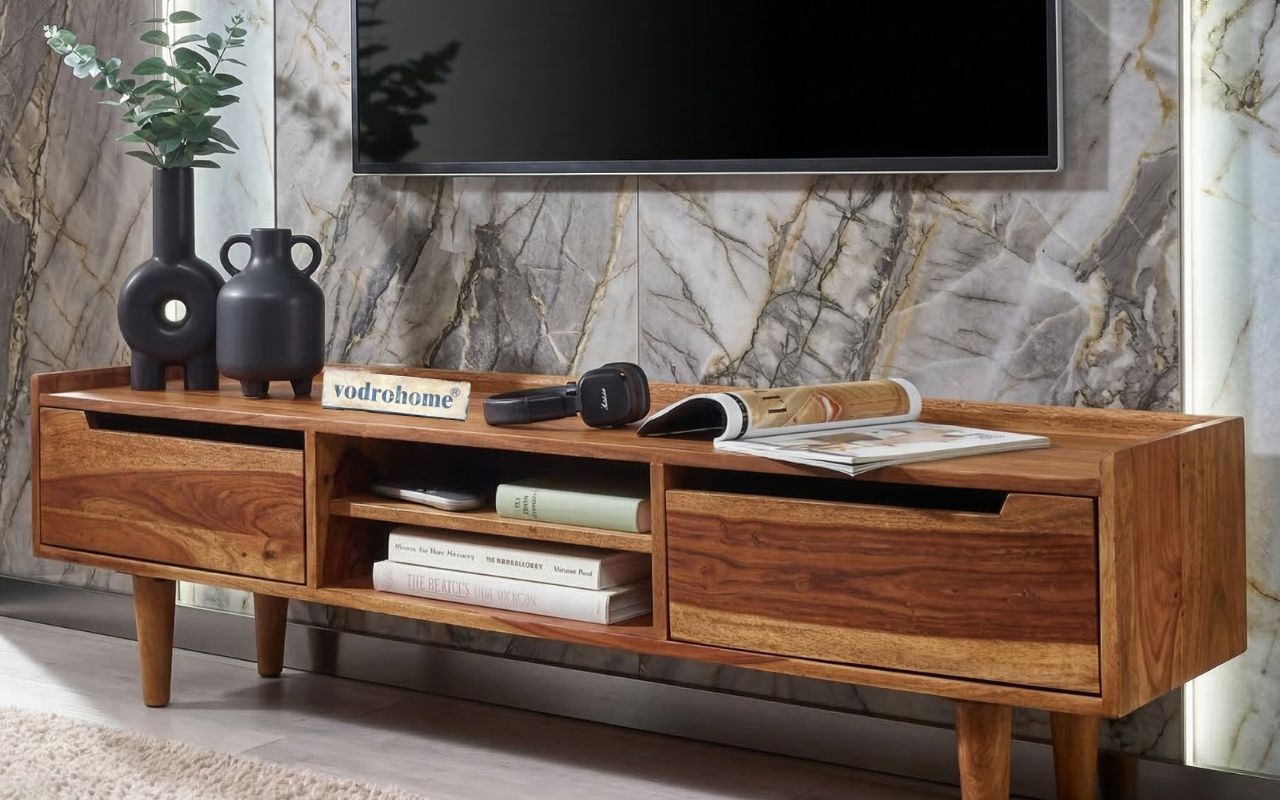 vodrohome Honey tv unit cabinet with cupboard – solid sheesham wood tvc – tv consol table with set up box shelf  TV#015