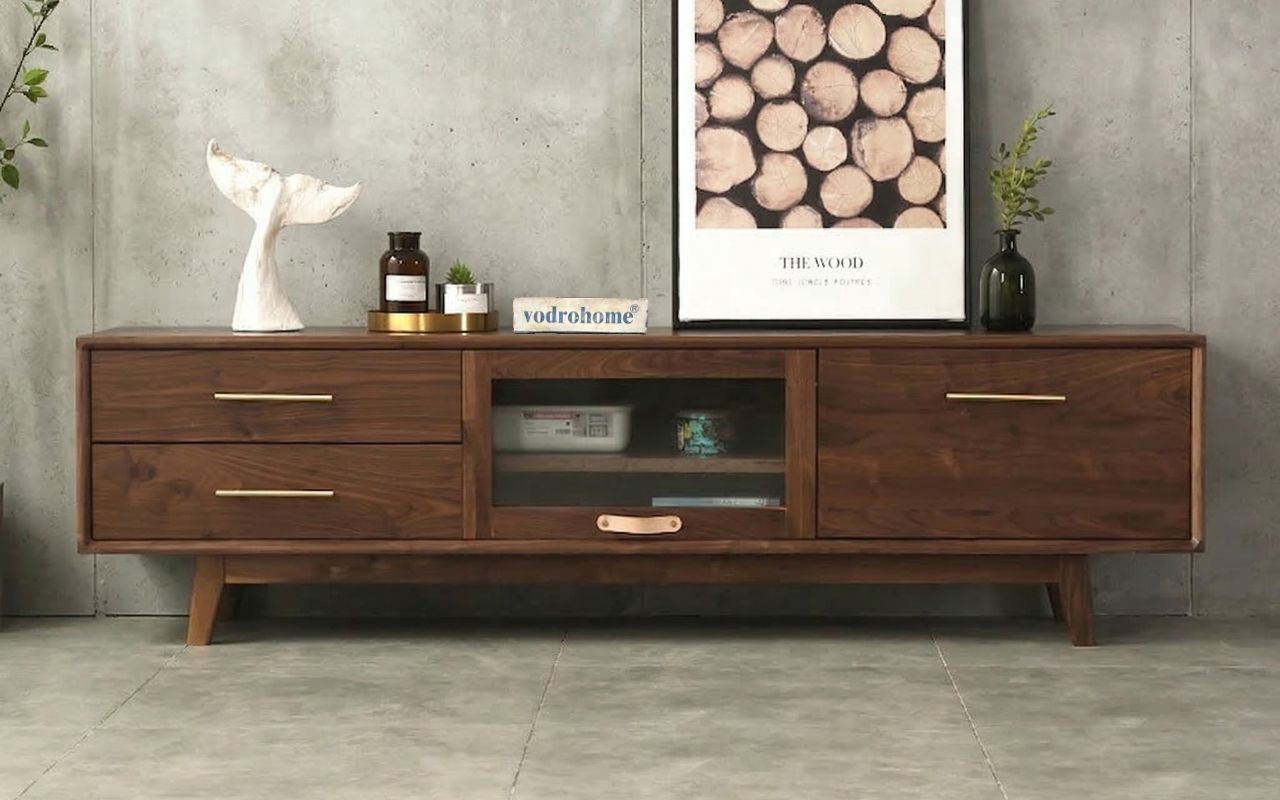 vodrohome modern tv unit cabinet walnut finish – solid acacia wood tvc with Flip-Up Doors – tv consol table with set up box shelf  TV#010