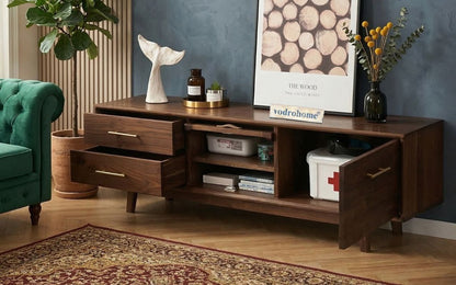 vodrohome modern tv unit cabinet walnut finish – solid acacia wood tvc with Flip-Up Doors – tv consol table with set up box shelf  TV#010