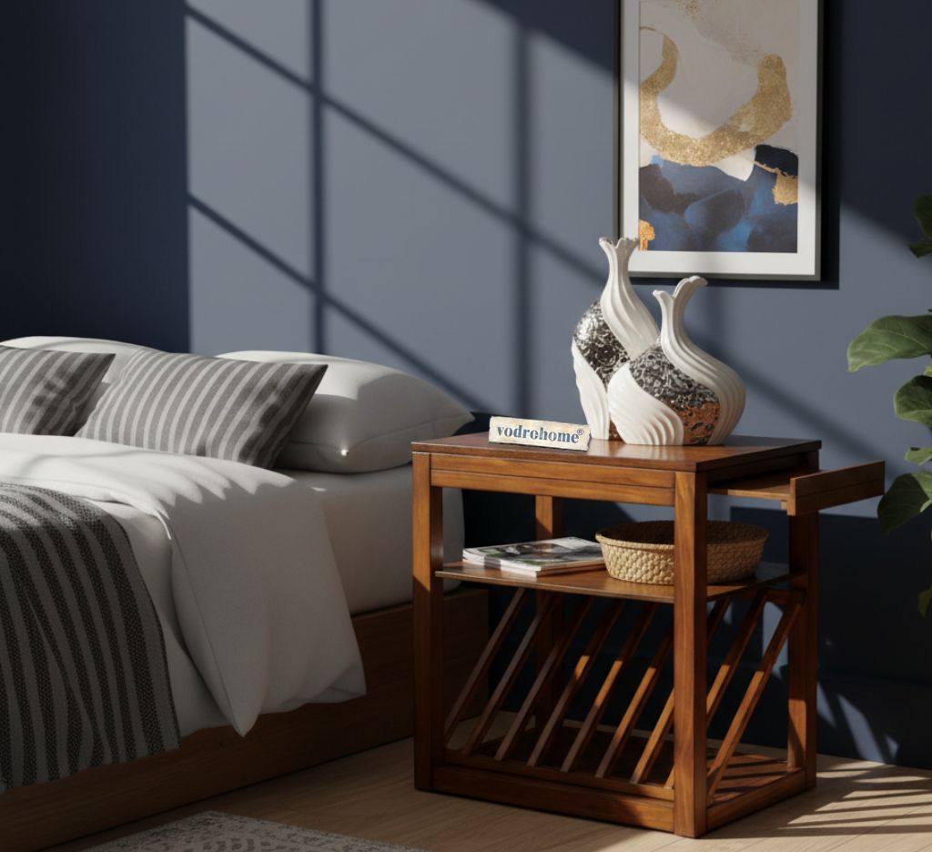 Vodrohome Solid Acacia wood night stand table with an open compartment and magazine holder or pull out tray bed side table 56x35x60 cm  S#031