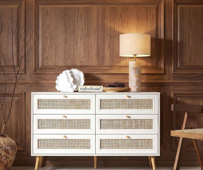 vodrohome solid wood side board with six drawers – sage green chest of drawer with 6 drawers - Woven Rattan 6 Drawer Dresser with soft closer SB#006