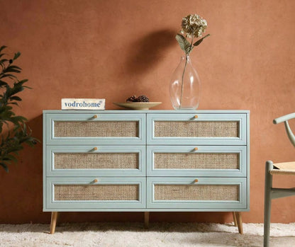 vodrohome solid wood side board with six drawers – sage green chest of drawer with 6 drawers - Woven Rattan 6 Drawer Dresser with soft closer SB#006