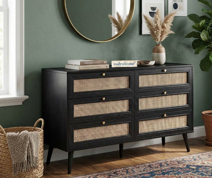 vodrohome solid wood side board with six drawers – sage green chest of drawer with 6 drawers - Woven Rattan 6 Drawer Dresser with soft closer SB#006