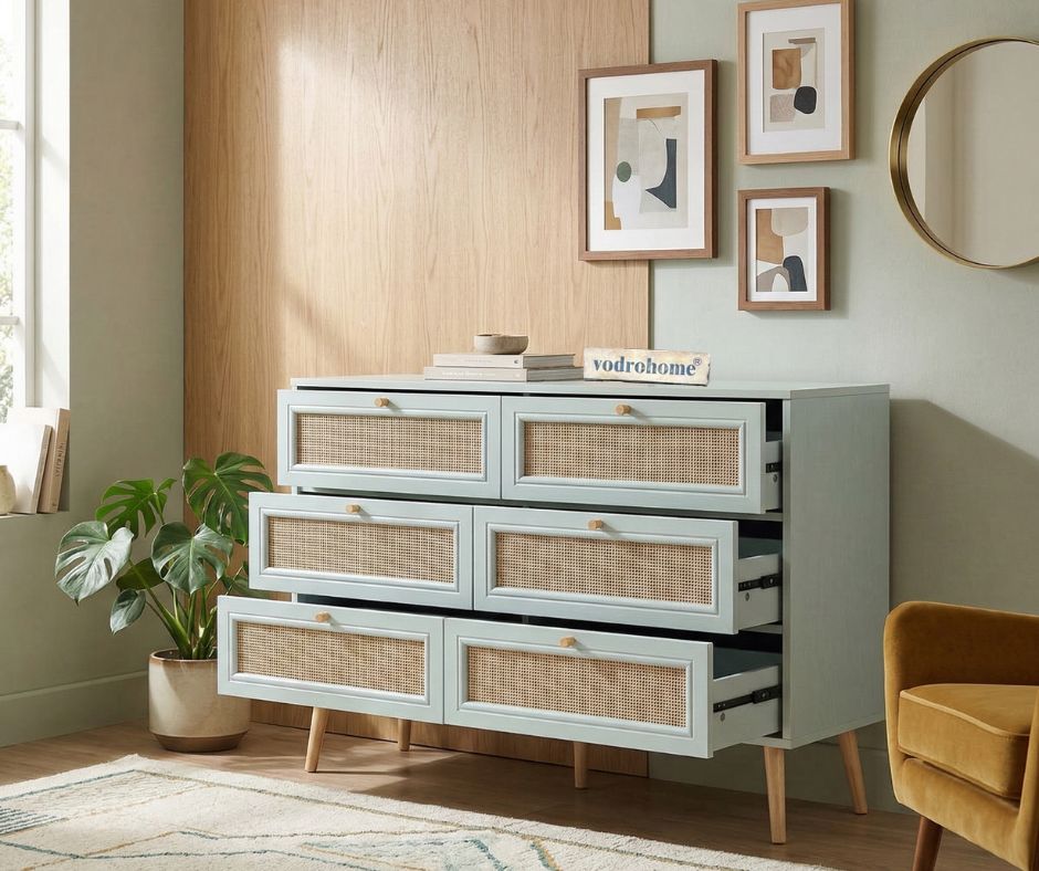 vodrohome solid wood side board with six drawers – sage green chest of drawer with 6 drawers - Woven Rattan 6 Drawer Dresser with soft closer SB#006