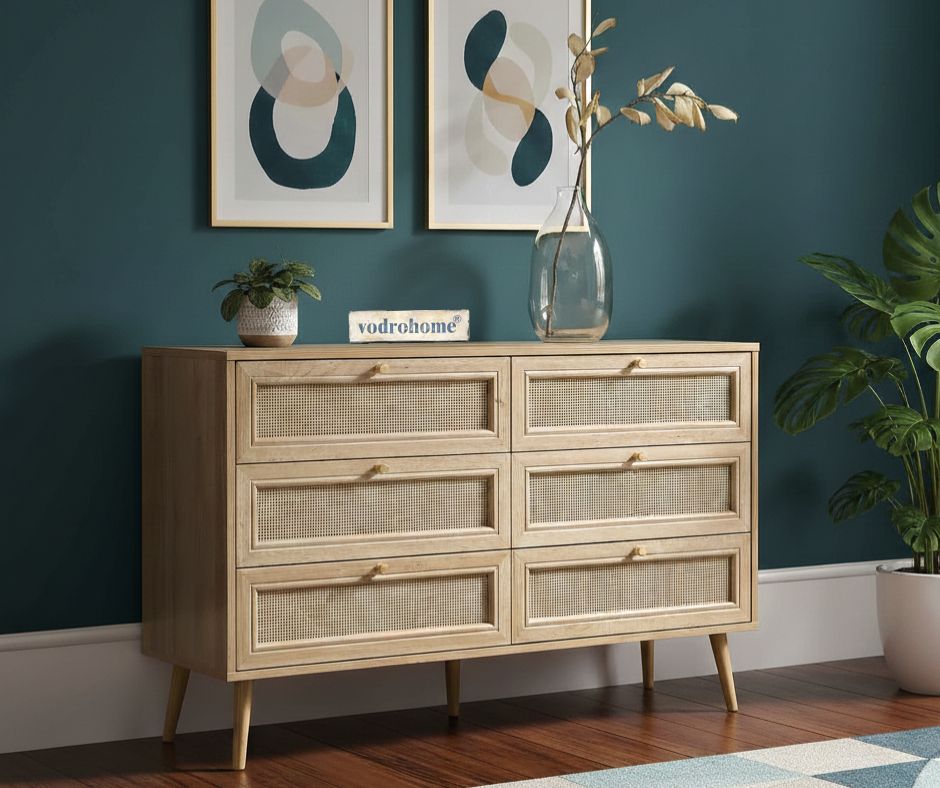 vodrohome solid wood side board with six drawers – sage green chest of drawer with 6 drawers - Woven Rattan 6 Drawer Dresser with soft closer SB#006