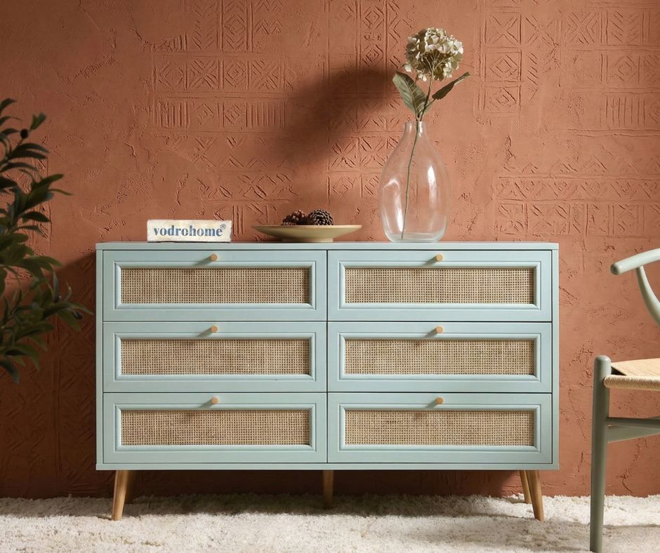 vodrohome solid wood side board with six drawers – sage green chest of drawer with 6 drawers - Woven Rattan 6 Drawer Dresser with soft closer SB#006