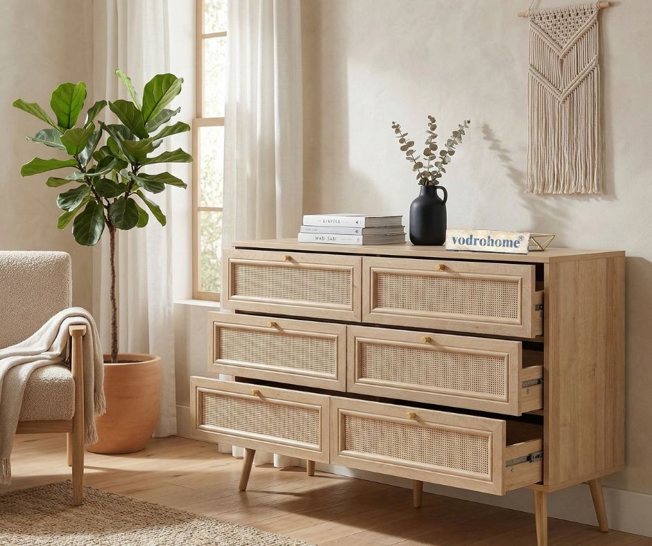 vodrohome solid wood side board with six drawers – sage green chest of drawer with 6 drawers - Woven Rattan 6 Drawer Dresser with soft closer SB#006