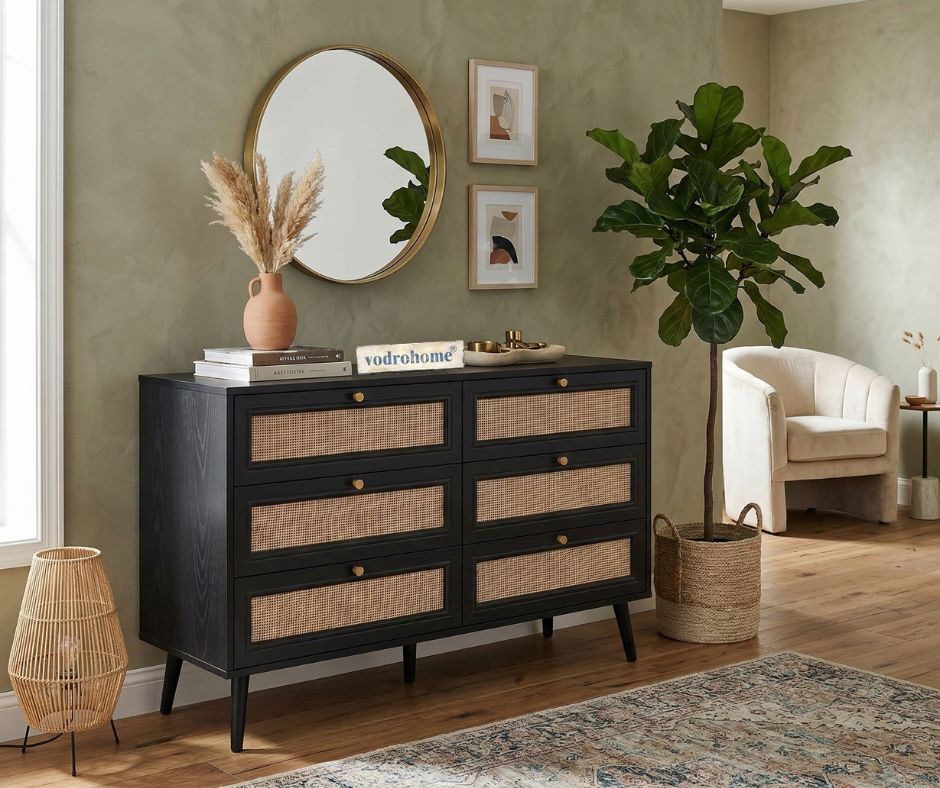 vodrohome solid wood side board with six drawers – sage green chest of drawer with 6 drawers - Woven Rattan 6 Drawer Dresser with soft closer SB#006