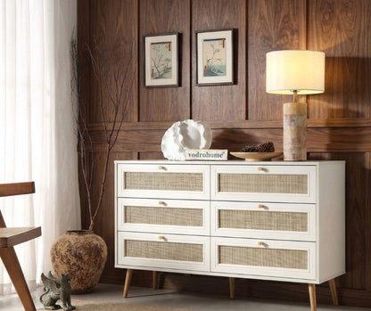 vodrohome solid wood side board with six drawers – sage green chest of drawer with 6 drawers - Woven Rattan 6 Drawer Dresser with soft closer SB#006
